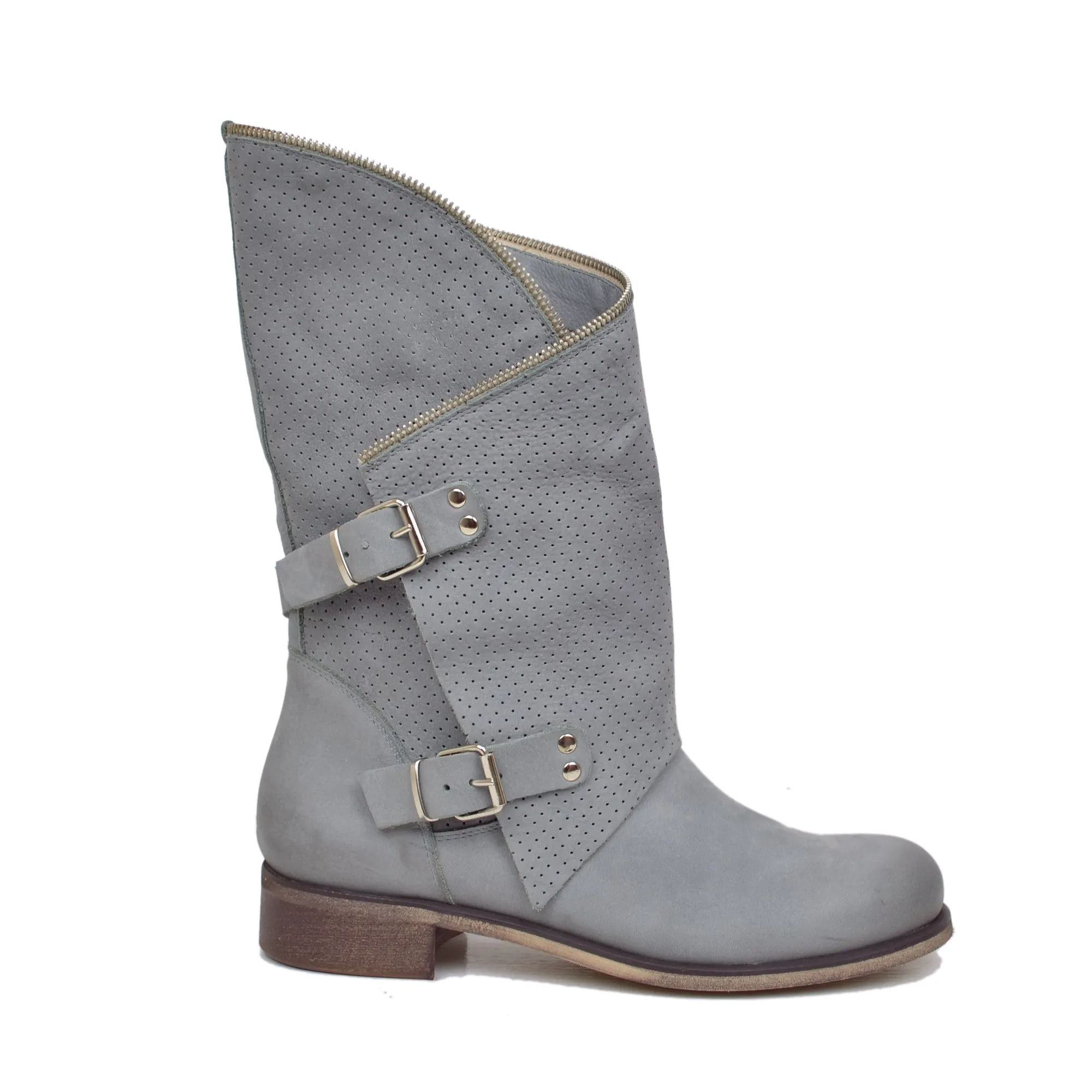 Stivali Donna Grigio Perla Traforati Biker con Fibbie in Pelle Nabuk