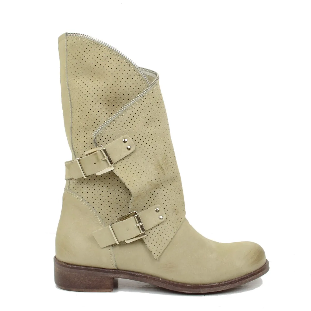 Stivali Donna Taupe Traforati Biker con Fibbie in Pelle Nabuk
