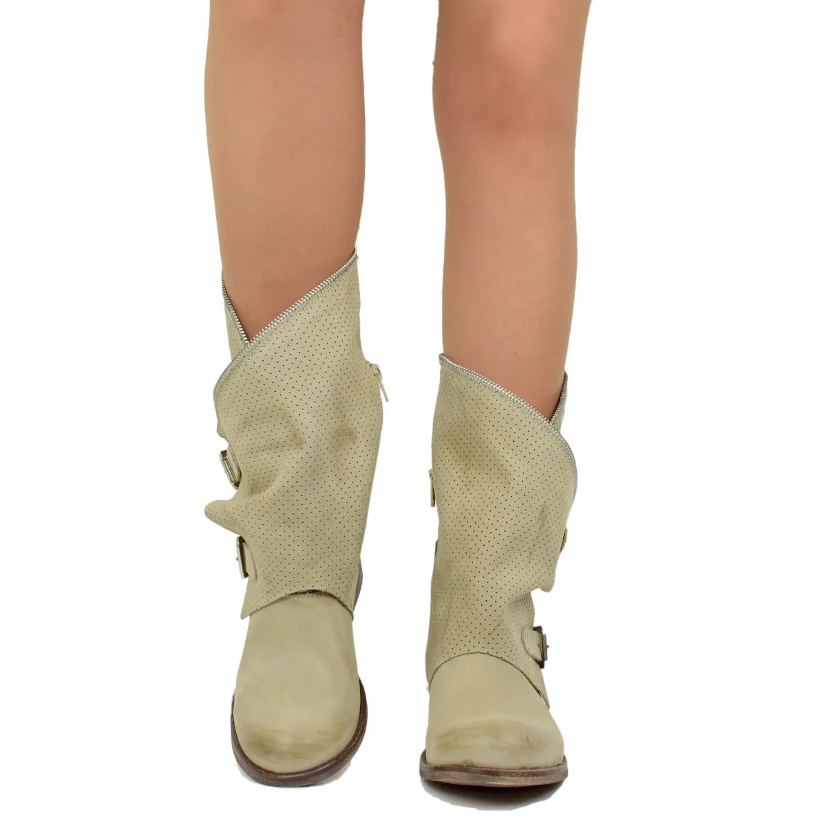 Stivali Donna Taupe Traforati Biker con Fibbie in Pelle Nabuk