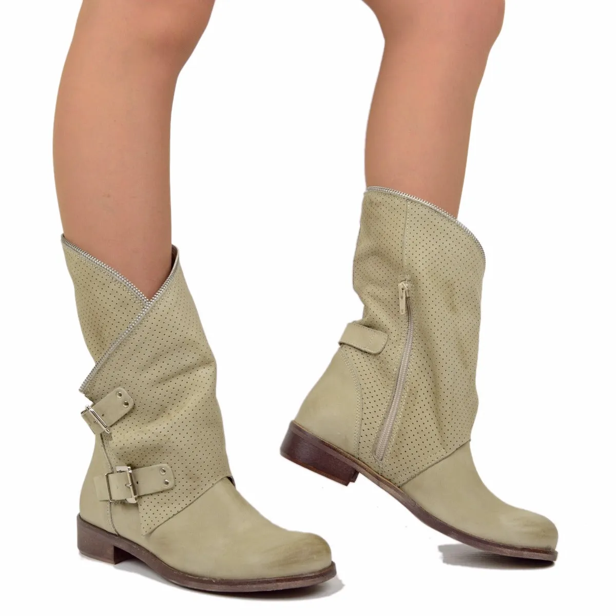 Stivali Donna Taupe Traforati Biker con Fibbie in Pelle Nabuk