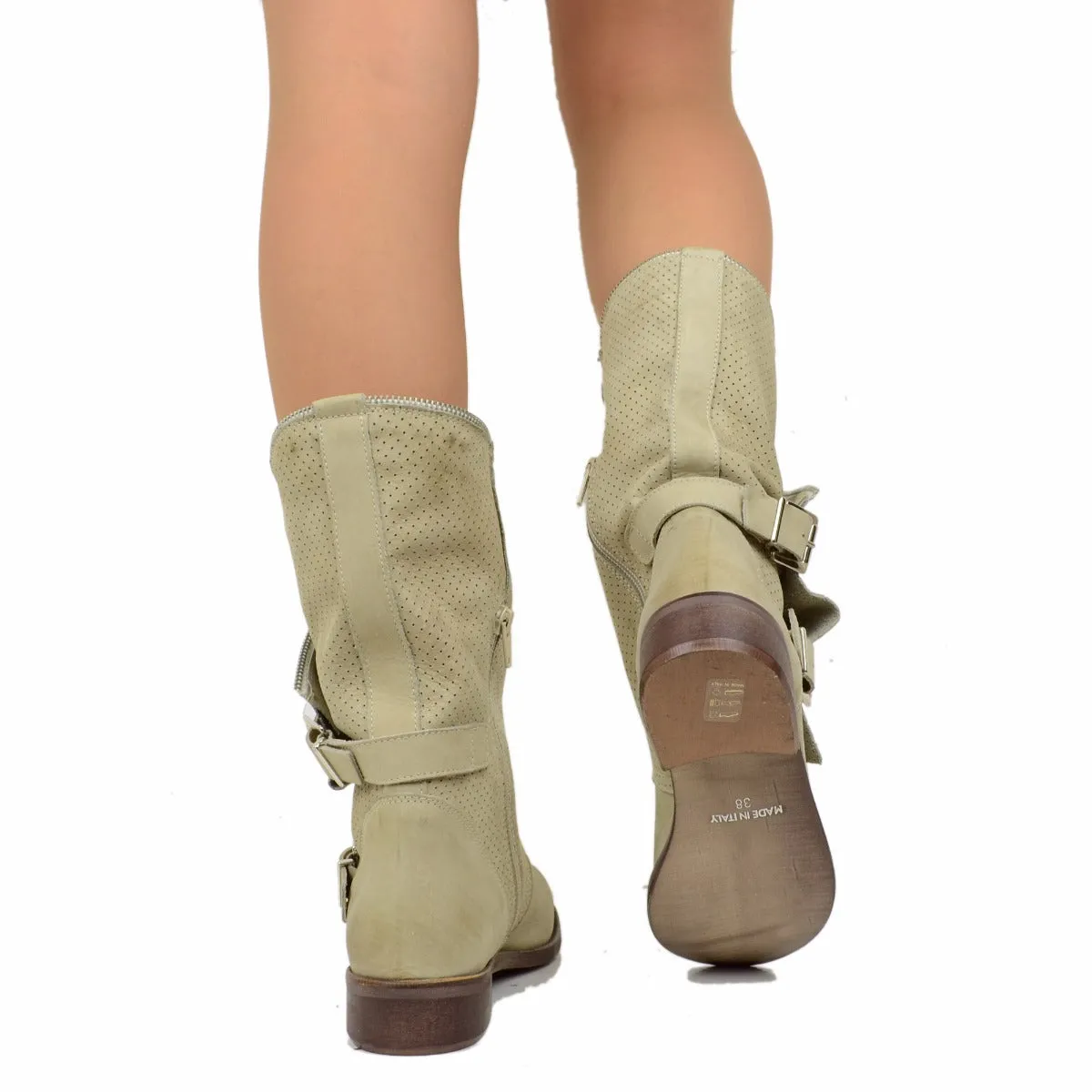 Stivali Donna Taupe Traforati Biker con Fibbie in Pelle Nabuk