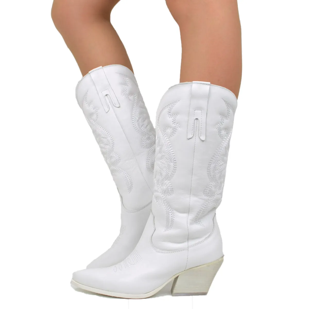Stivali Donna Texani Bianchi in Pelle con Ricami Made in Italy