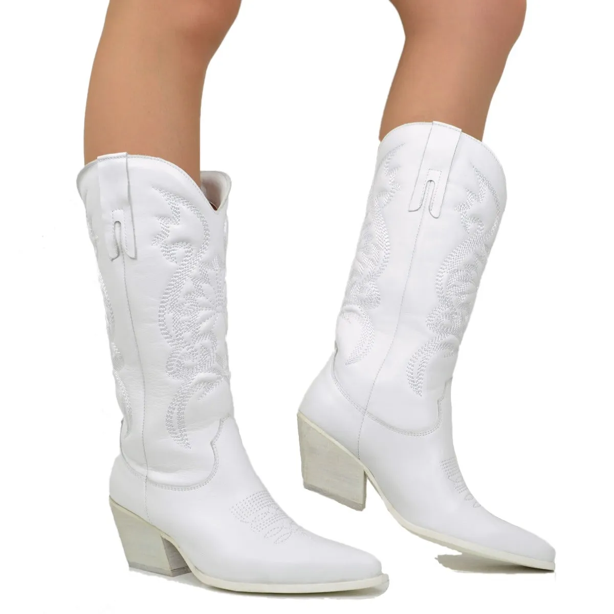 Stivali Donna Texani Bianchi in Pelle con Ricami Made in Italy