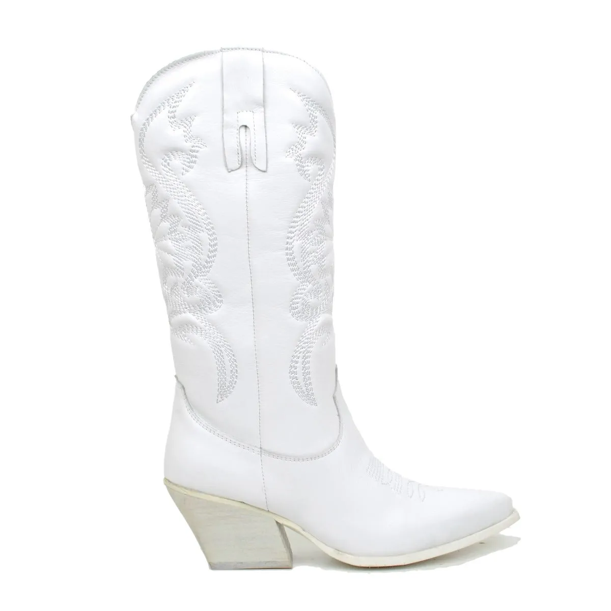 Stivali Donna Texani Bianchi in Pelle con Ricami Made in Italy