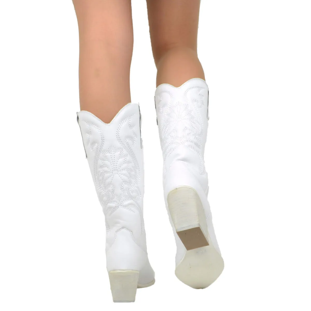 Stivali Donna Texani Bianchi in Pelle con Ricami Made in Italy