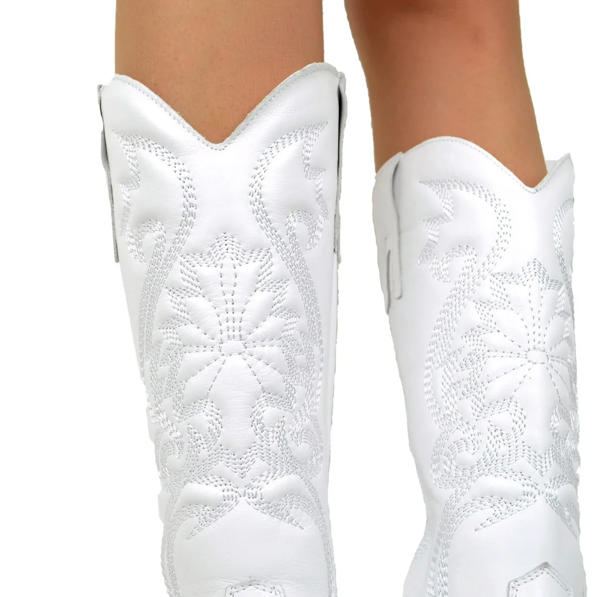 Stivali Donna Texani Bianchi in Pelle con Ricami Made in Italy