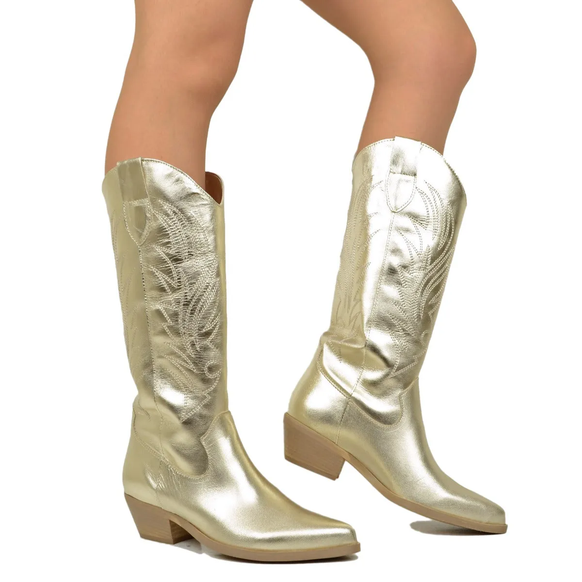 Stivali Donna Texani color Platino con Ricami Made in Italy