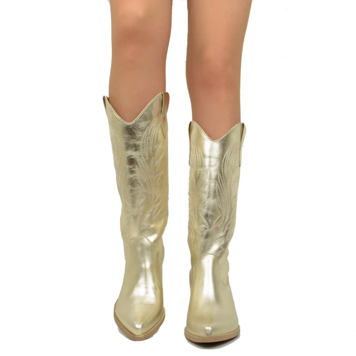 Stivali Donna Texani color Platino con Ricami Made in Italy