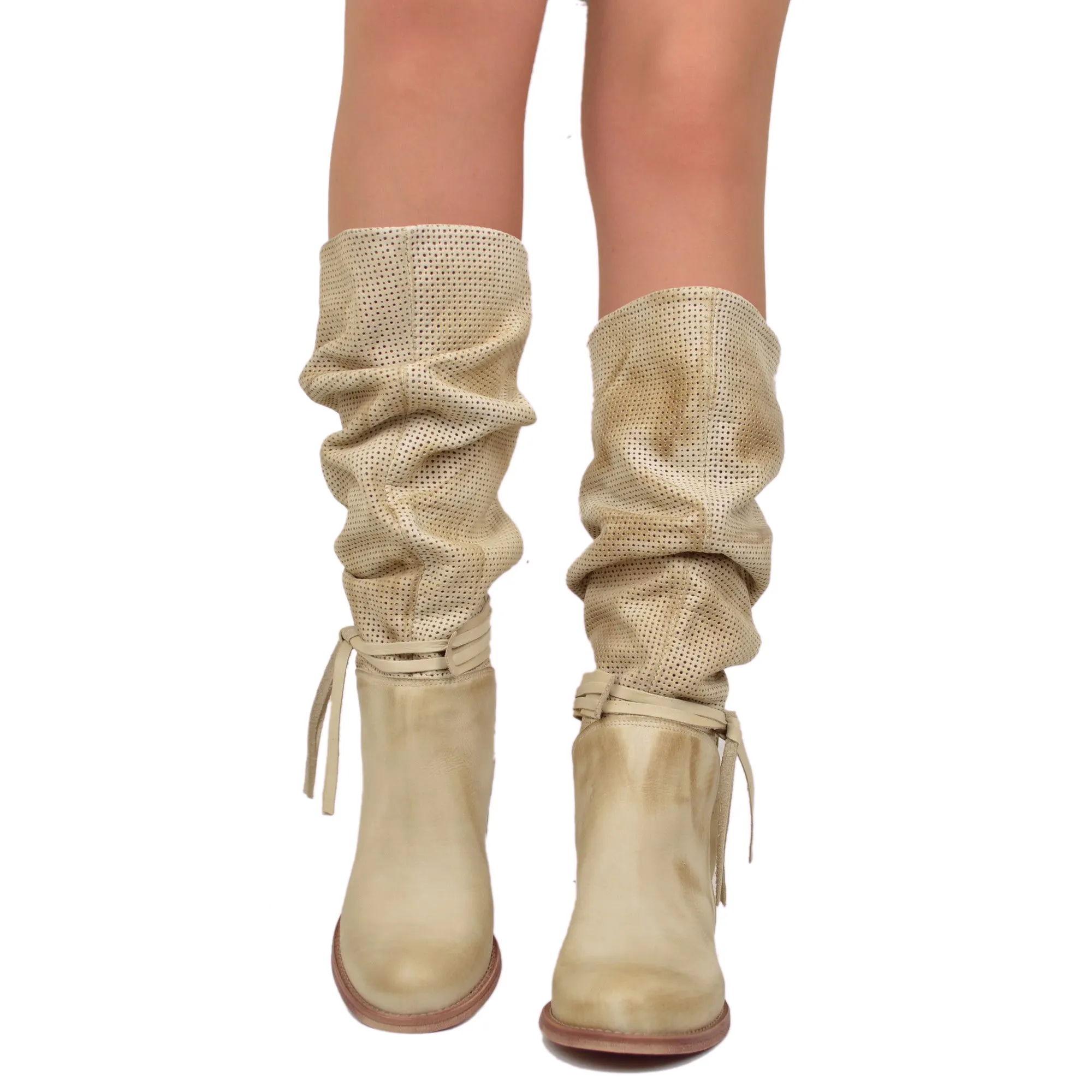 Stivali Estivi Donna Traforati in Pelle Sfumata Beige