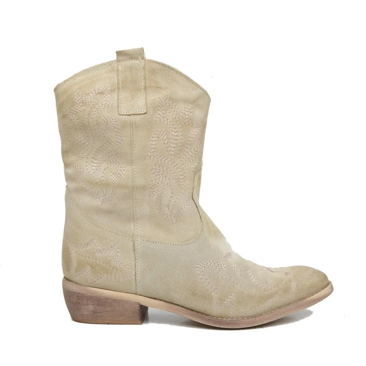 Stivali Texani Donna Estivi in Pelle Beige con Cuciture