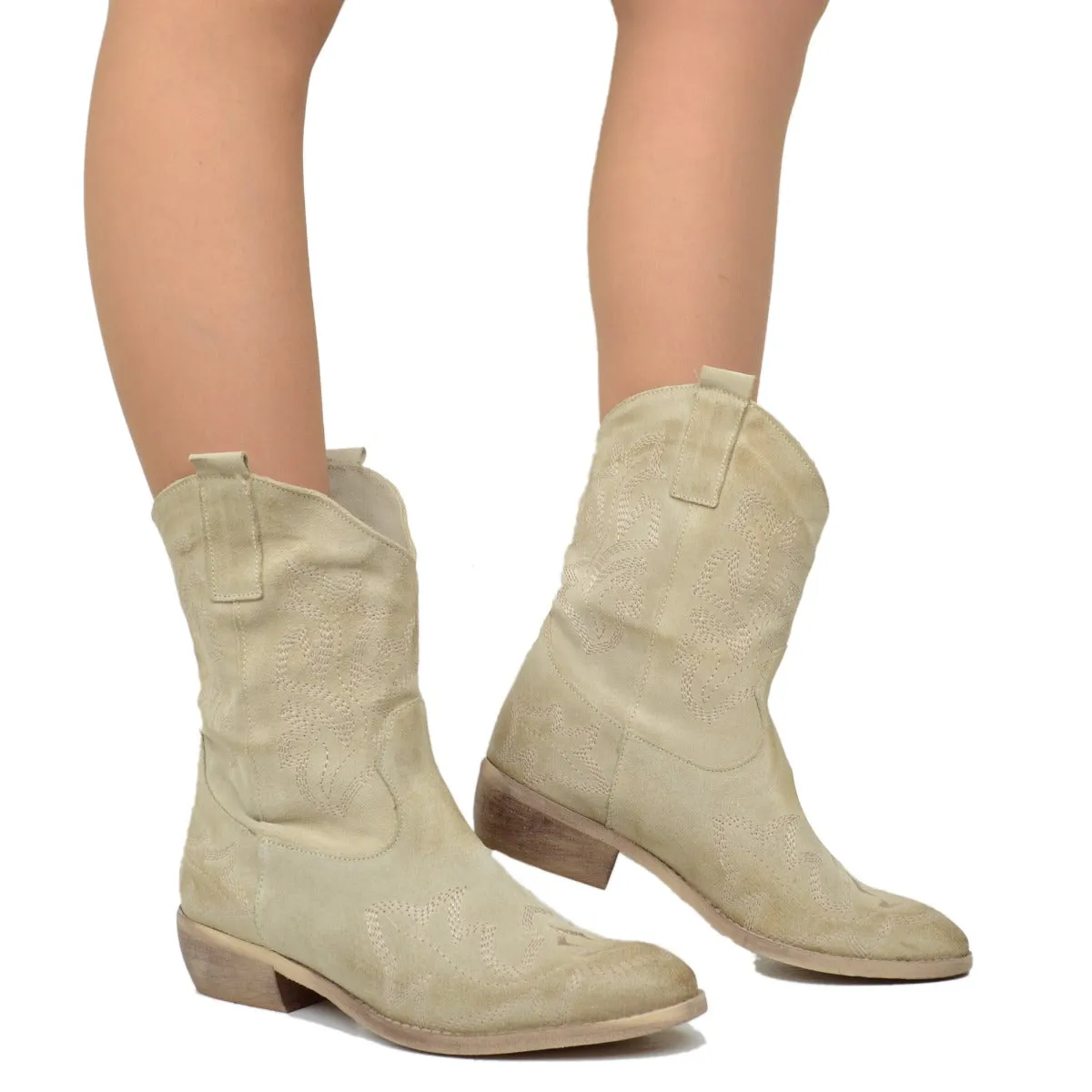 Stivali Texani Donna Estivi in Pelle Beige con Cuciture