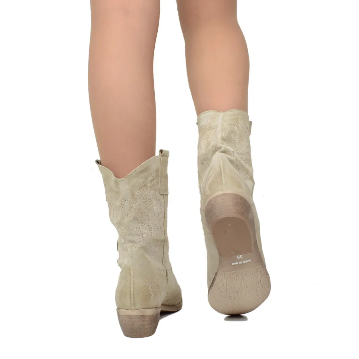 Stivali Texani Donna Estivi in Pelle Beige con Cuciture