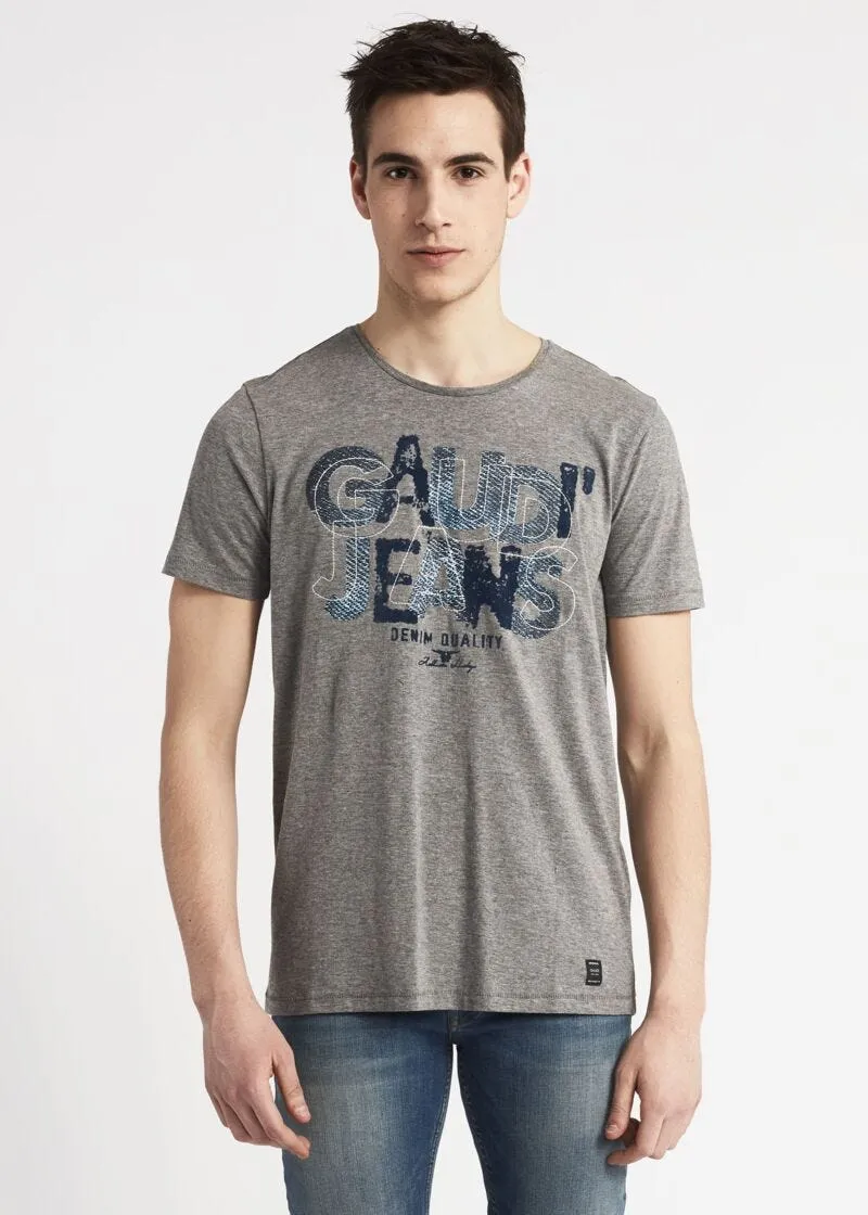 T-shirt con stampa denim e ricamo