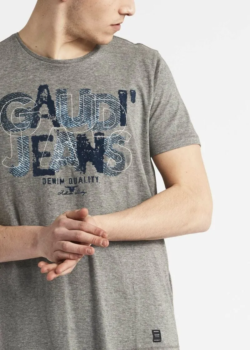 T-shirt con stampa denim e ricamo