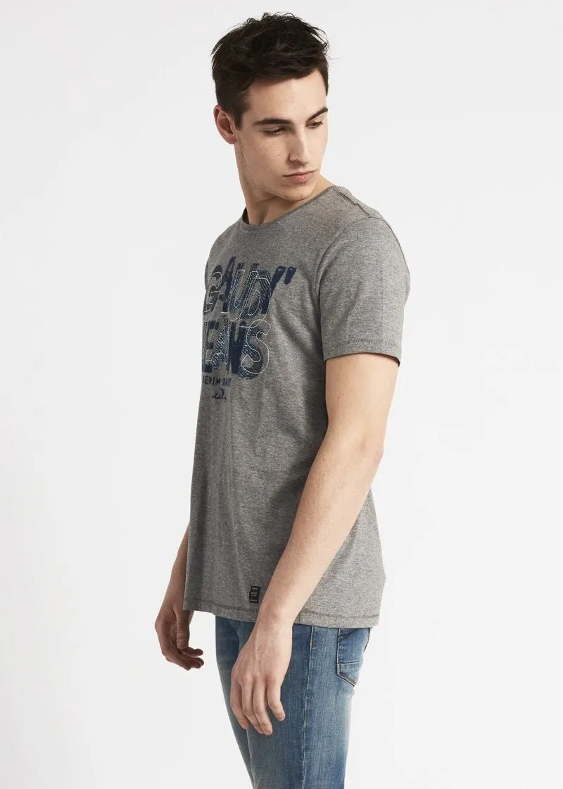 T-shirt con stampa denim e ricamo