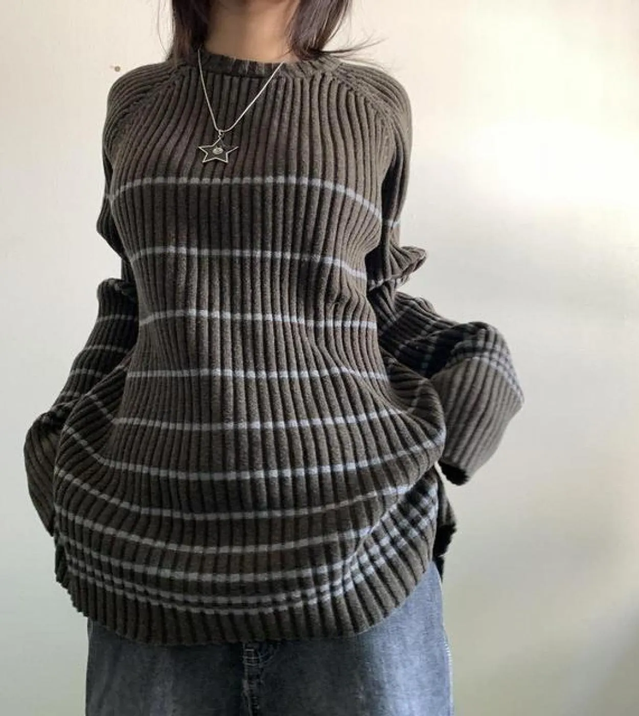 Tetyseysh Pullover a righe da donna Maglione vintage lavorato a maglia Maglione a maniche lunghe Girocollo Fata sciolta Maglieri