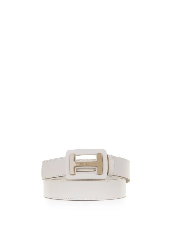 White leather belt with logo