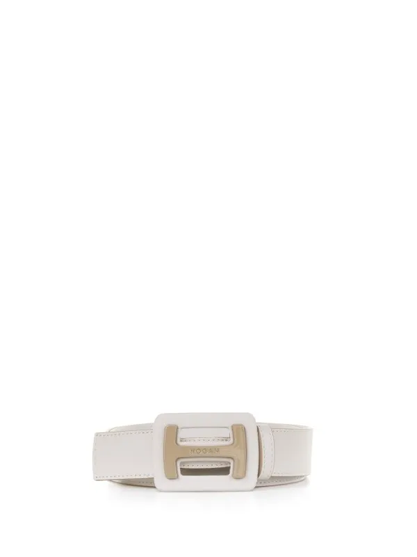 White leather belt with logo